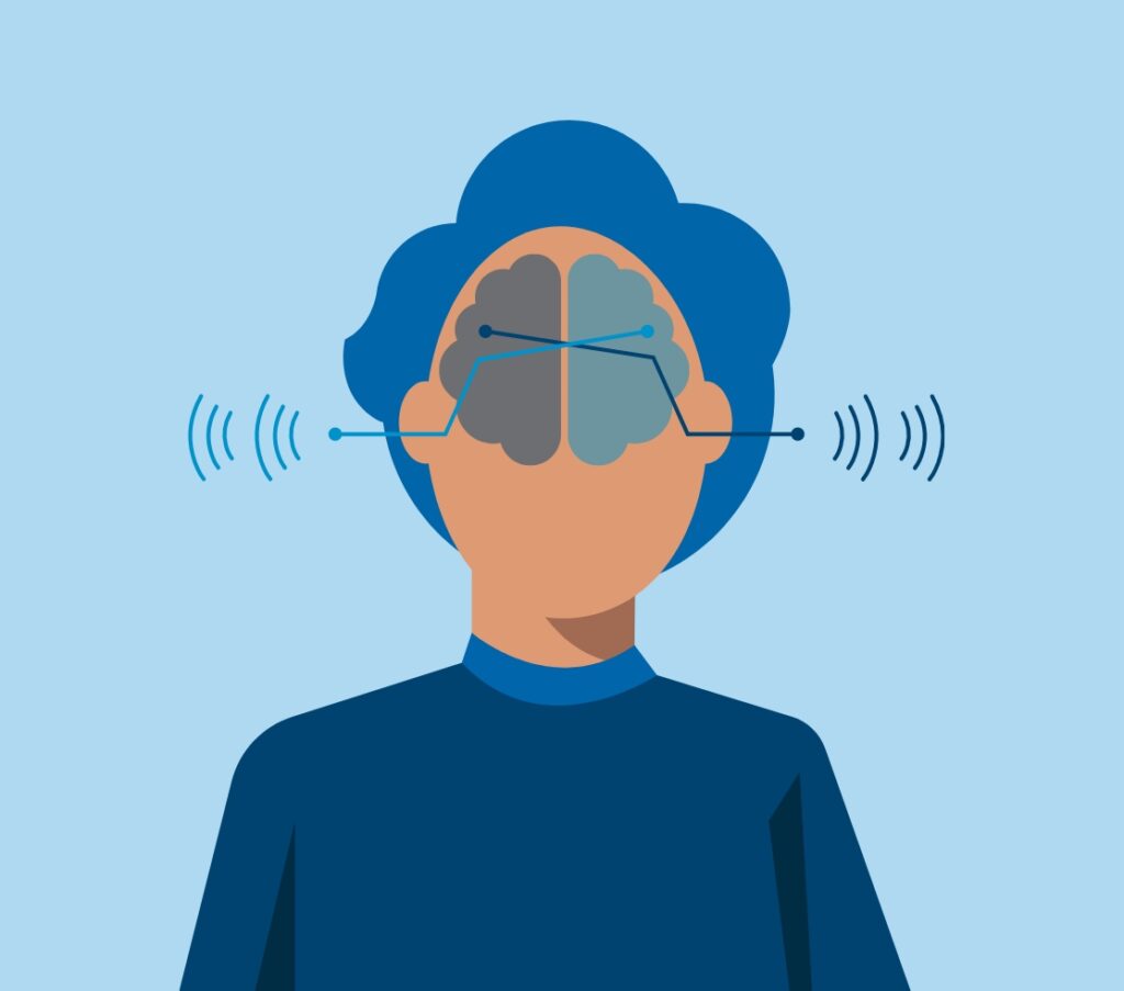 Illustration depicting the concept of auditory laterality and the dominance of one ear over the other in processing auditory information